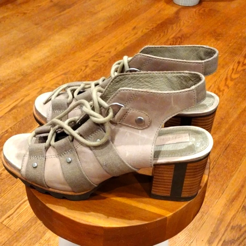 Tan Leather Chunky Wedges Size 8 Sorel Block Heels Canvas NWOT - Picture 4 of 10